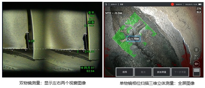 工業(yè)用測(cè)量?jī)?nèi)窺鏡的雙物鏡、雙目、單物鏡測(cè)量技術(shù)示意圖